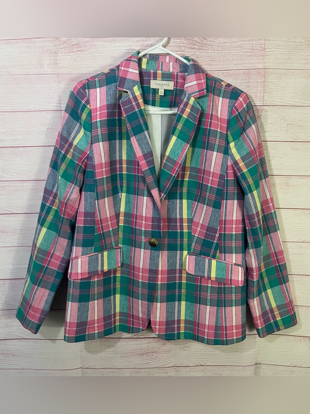 Talbots colorful plaid Madras linen-blend single-button Blazer Size 12
